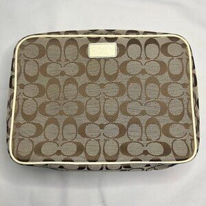 Coach Signature Jacquard C Travel Toiletry Bag Case Neutral Beige Brown Leather